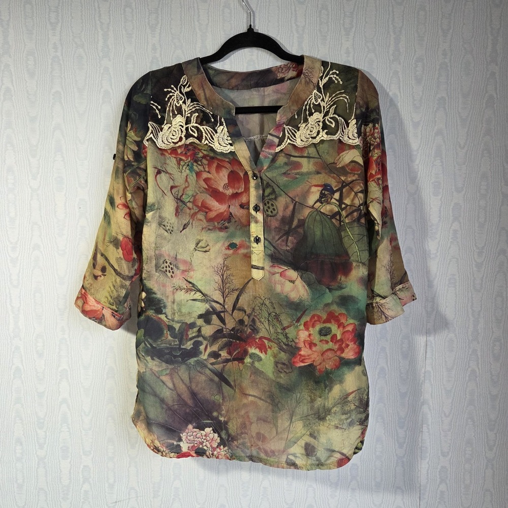 Womens XS S Blouse Semi Sheer Tunic Embroidered Boho Artsy Abstract Watercolor